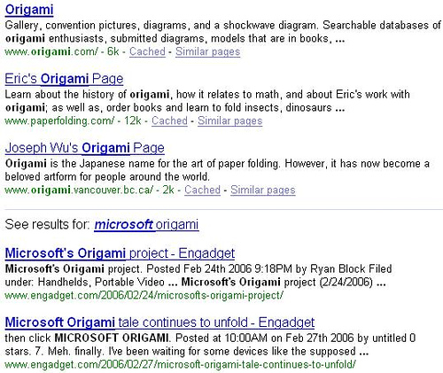 Microsoft Origami &#038; Google Search Results