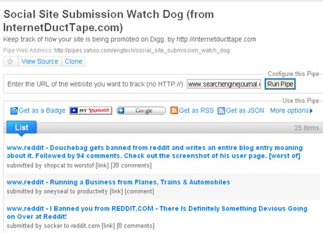 Social site submission watch dog - Yahoo pipe