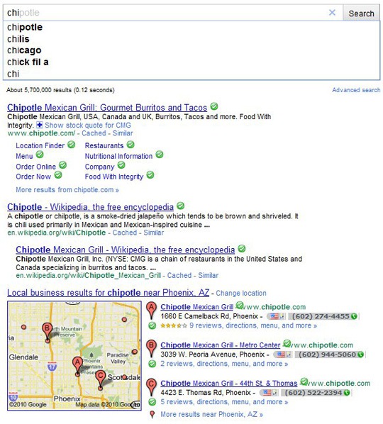 Google Instant Local Search Results