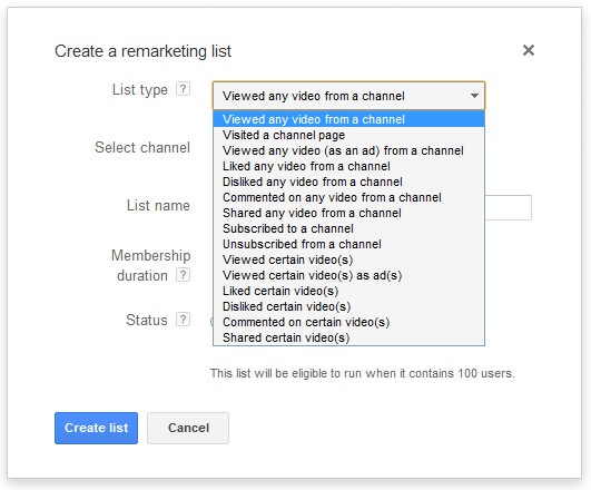 Remarketing List Options in AdWords for Video