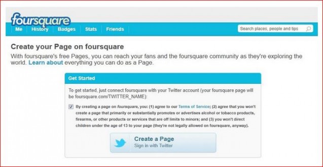 create your page on foursquare