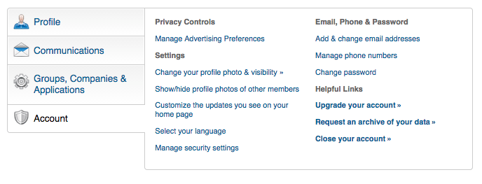 Screenshot of the account settings for LinkedIn