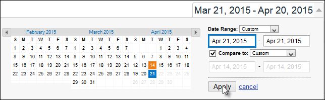 Screenshot showing how to create a week-over-week date comparison in Google Analytics.