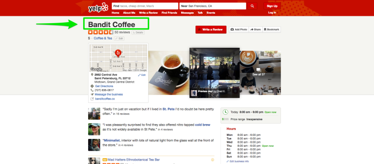 Google Local Search Results_Yelp Bandit Coffee Co.