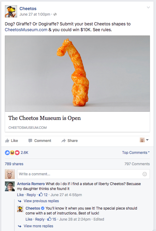 Cheetos museum facebook post