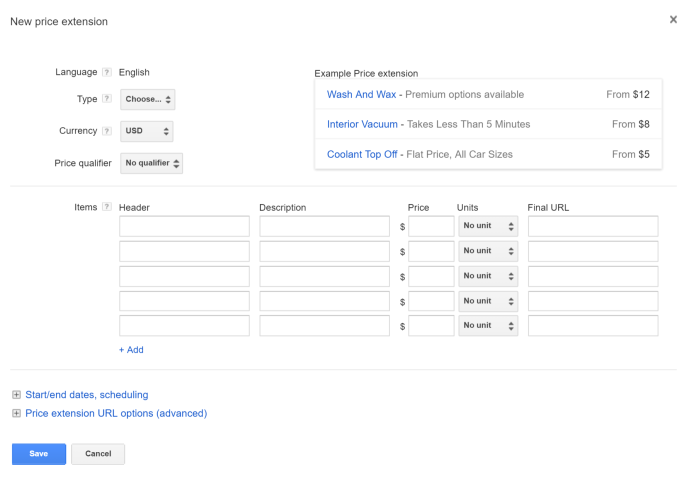 how to use adwords price extension