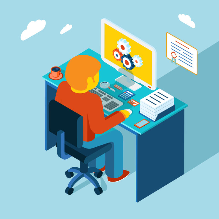 Flat 3d isometric design. Man sits in the workplace and working at a computer. Vector illustration. Work, table, freelance