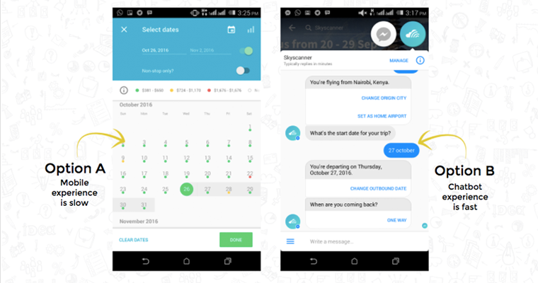 Skyscanner messenger chatbot vs mobile web