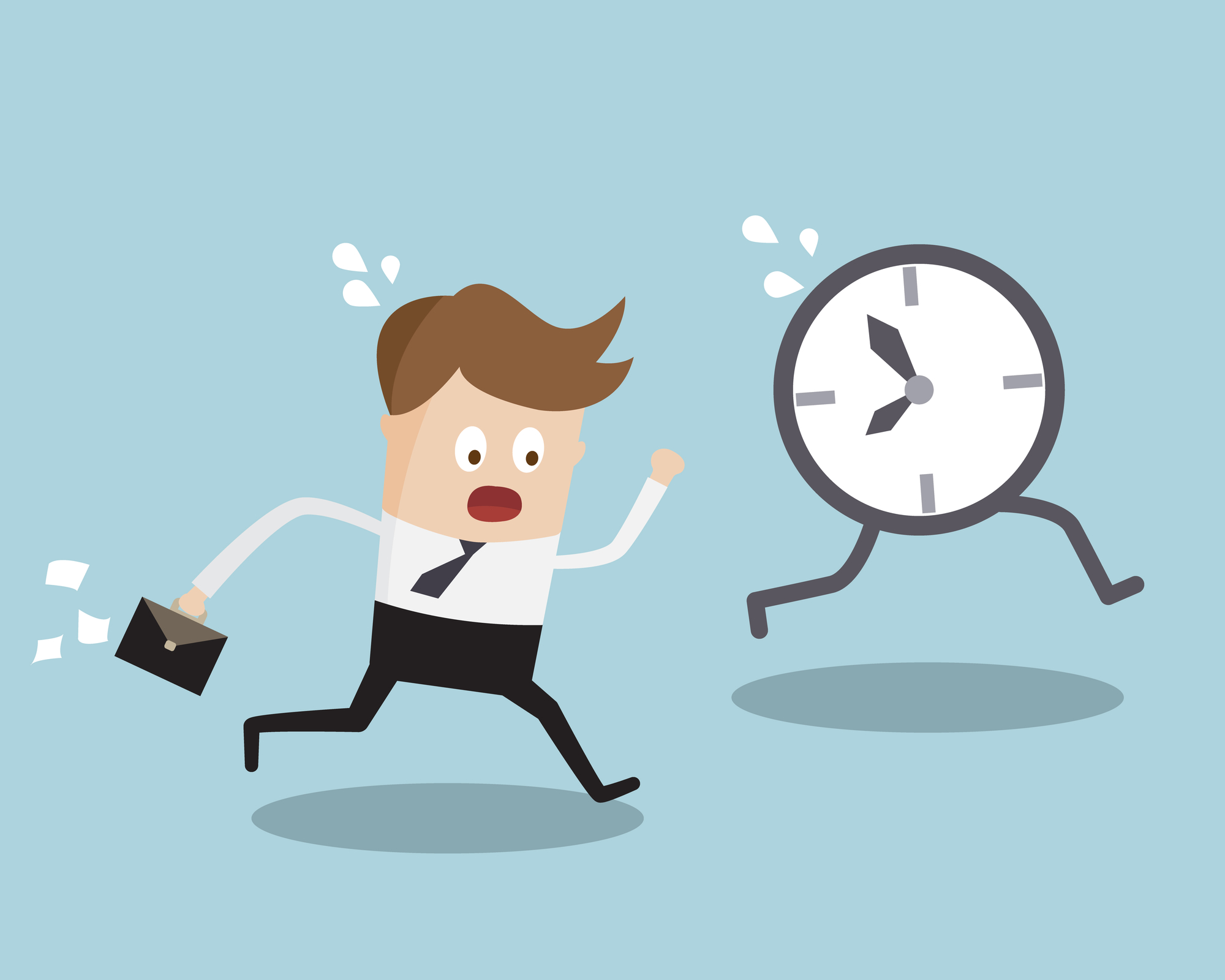 Business Concept, Businessman Running Follow Clock Late Work Time Cartoon Vector Illustration
