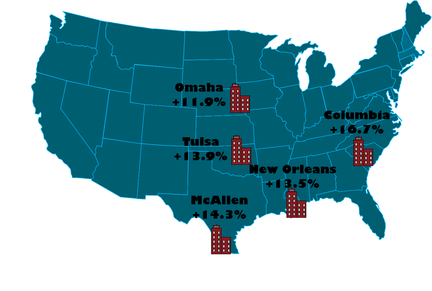 Top 5 cities in SEO job growth by percentage: Omaha, Tulsa, New Orleans, Columbia (SC), McAllen