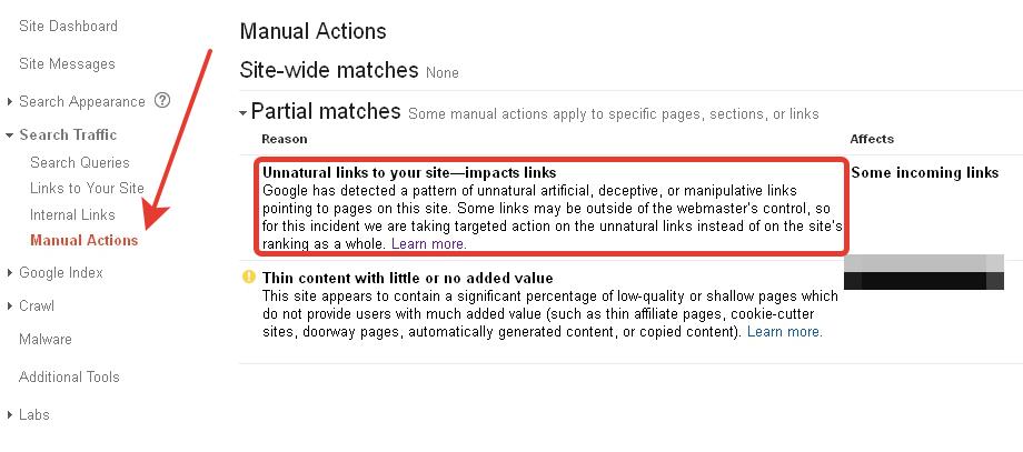 Example of manual action penalty in Google Analytics