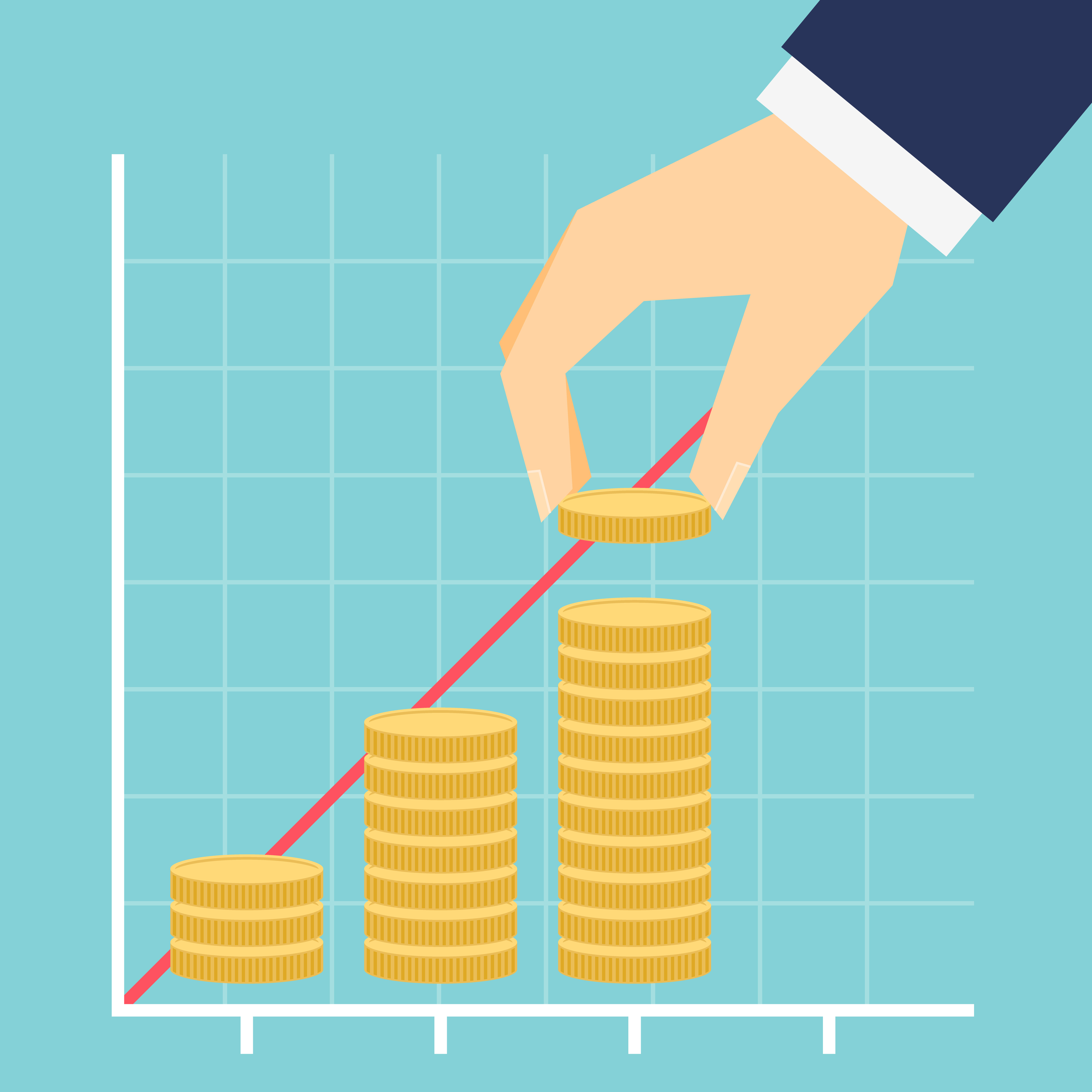 Growing income graph hand and coins stacks simple modern flat stile vector illustration.