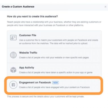 Option to create custom audience on Facebook based on engagement