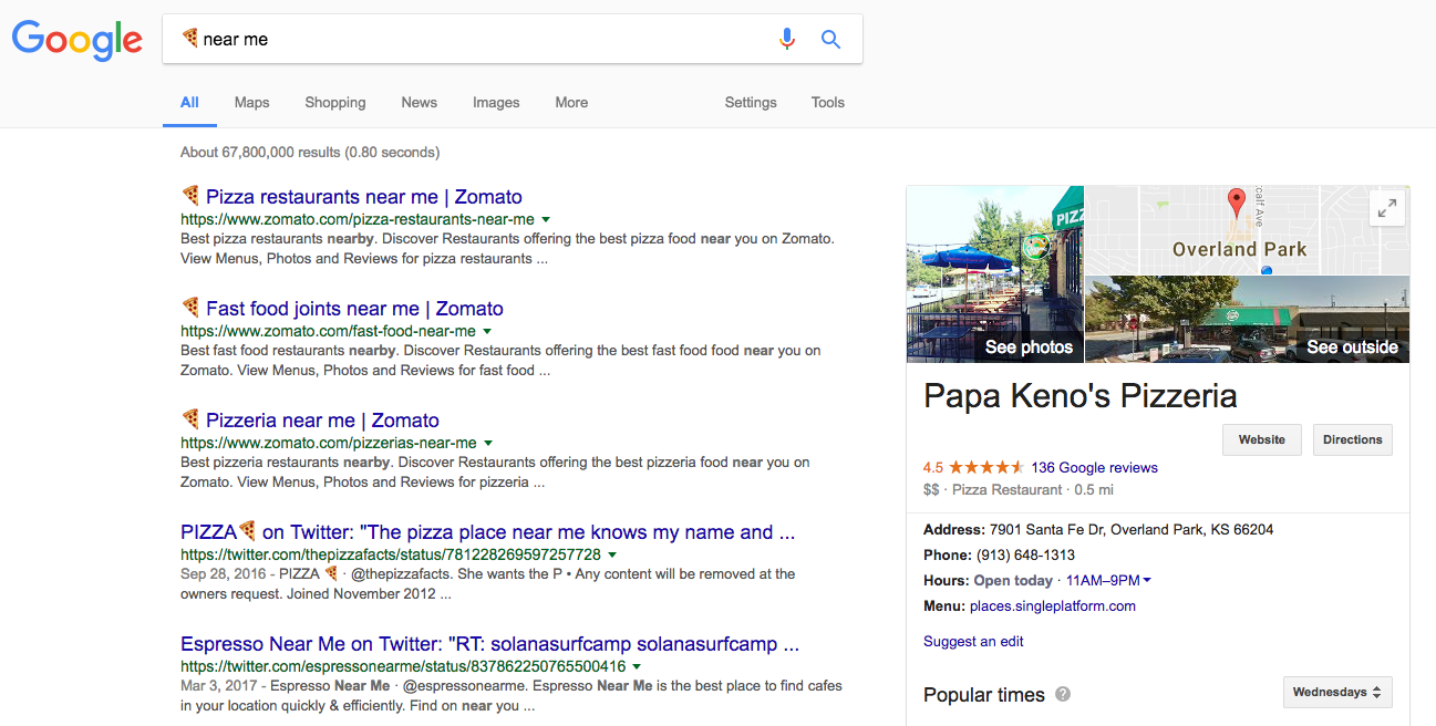 Google search results for pizza emoji + near me
