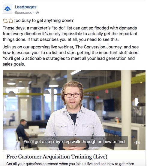Sample Facebook ad that asks a question right from the start