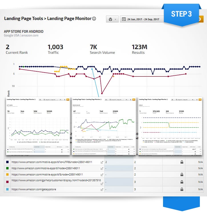 Landing Page Monitor includes landing page fluctuation graph & metrics table with SERP features