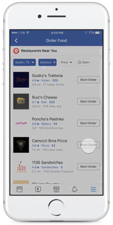 Facebook Brings Food Ordering to Its Mobile App