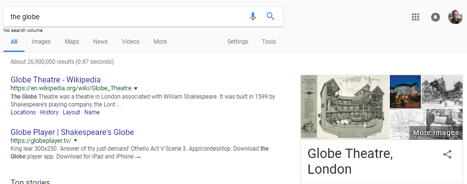 Google SERP results for The Globe Theater, London