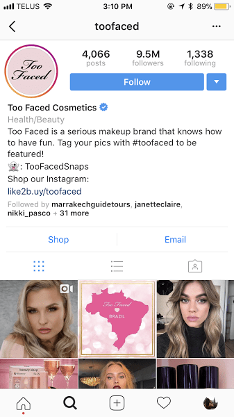toofaced instagram url on bio