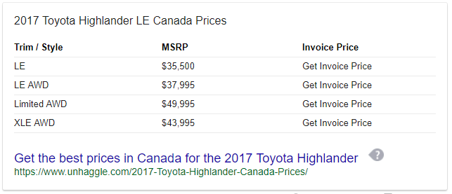 2017 Toyota Highlander LE Canada Prices - featured snippet table