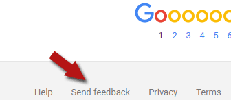 Link in footer of Google's search results for sending feedback to Google.