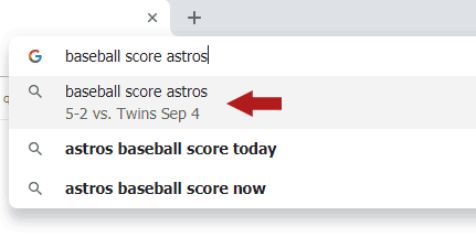 Screenshot of Chrome's address bar providing the scores to a local baseball game.