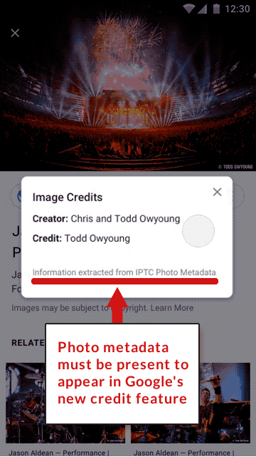 Screenshot illustrating how Google Images displays IPTC metadata