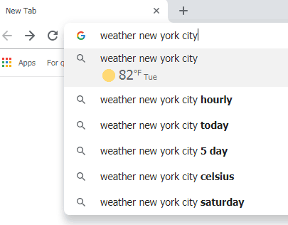 Screenshot of Chrome browser giving weather information in the address bar which Google calls the Omnibox