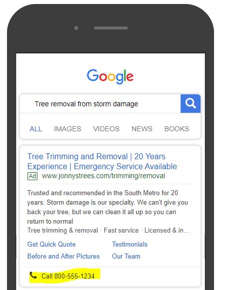 Mobile ad example for a tree removal service.