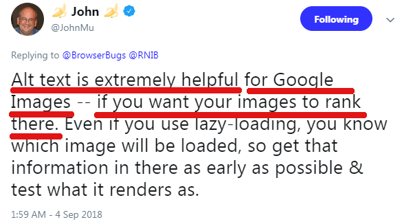 Screenshot of a Google's John Mueller's tweet recommending the use of alt attribute to help an image rank in Google Images