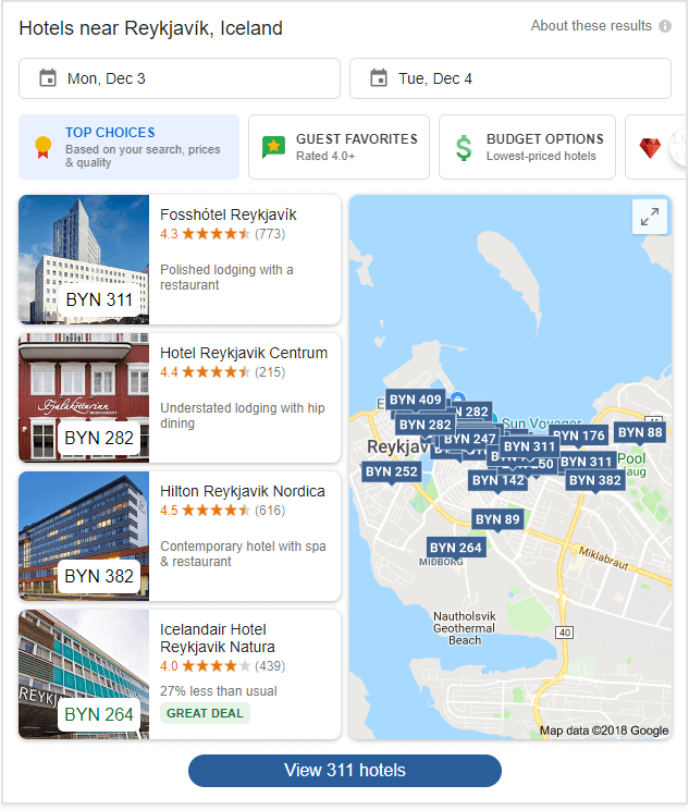 Hôtels dans la recherche Google