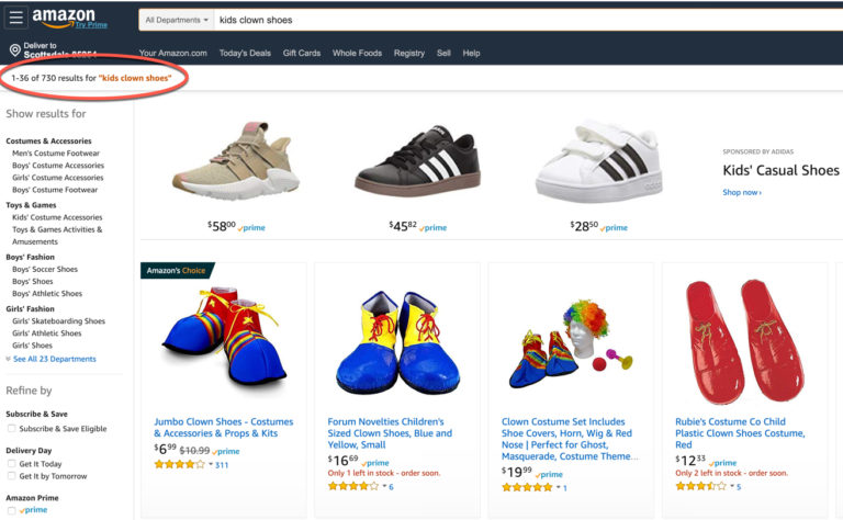 Screenshot of results from an inquiry of "kids clown shoes" on Amazon. 