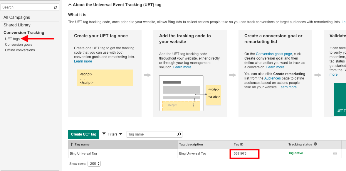 Truy cập thẻ Bing UET