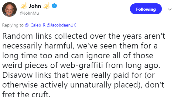 Screenshot of a tweet by Google's John Mueller recommending the use of disavow tool only on unnatural links you know about