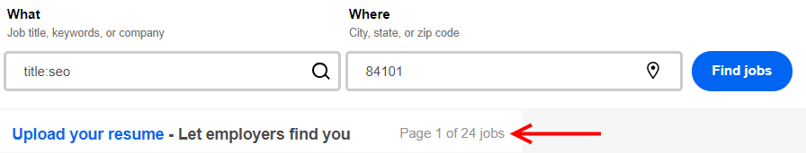Indeed.com job search for SEO in the title in the 84101 zip code