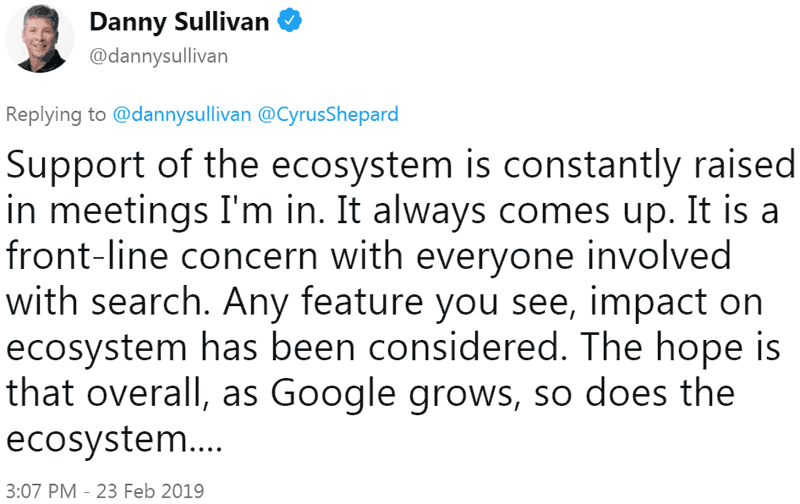 Capture d'écran d'un tweet par Danny Sullivan de Google