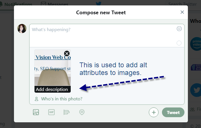 Screenshot of example for how to edit alt attributes in Twitter.
