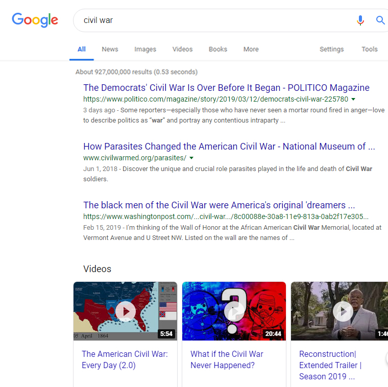 Google SERP For Civil War Based On Freshness