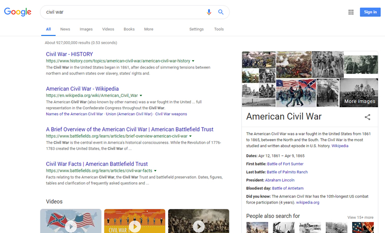 Google SERP For Civil War