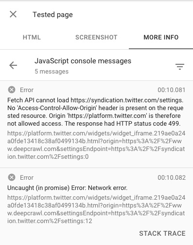URL Inspection Tool JavaScript console errors screenshot