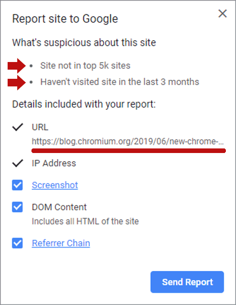 Screenshot of Chrome Extension flagging it's own blog page as suspicious