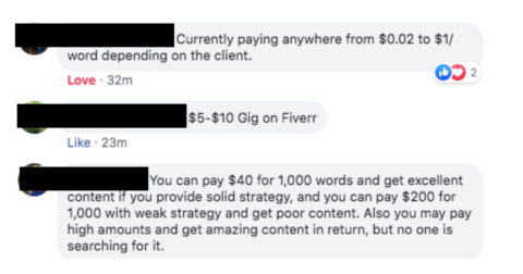 Screenshot of comments in SEO Signal Lab Facebook group