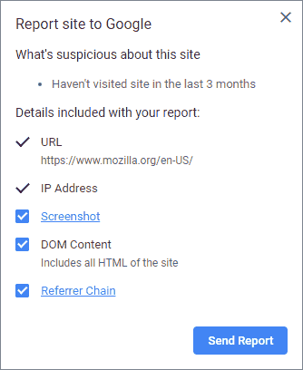 Screenshot of Suspicious Site Reporter extension flagging Mozilla as suspicious