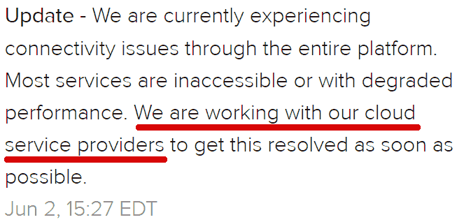 Screenshot of official Shopify outage announcement