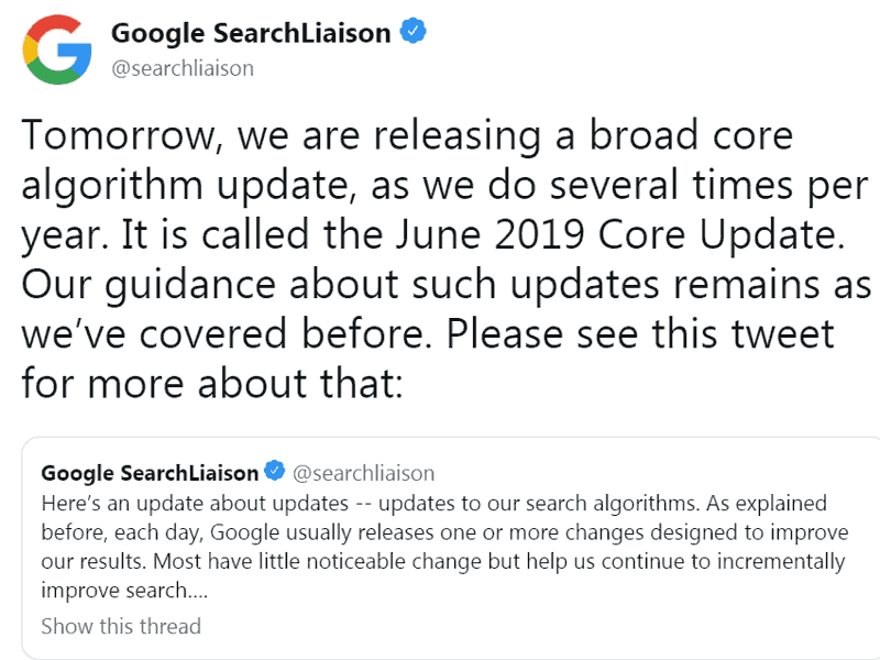 Screenshot of Google's official broad core algorithm update announcement made on Twitter