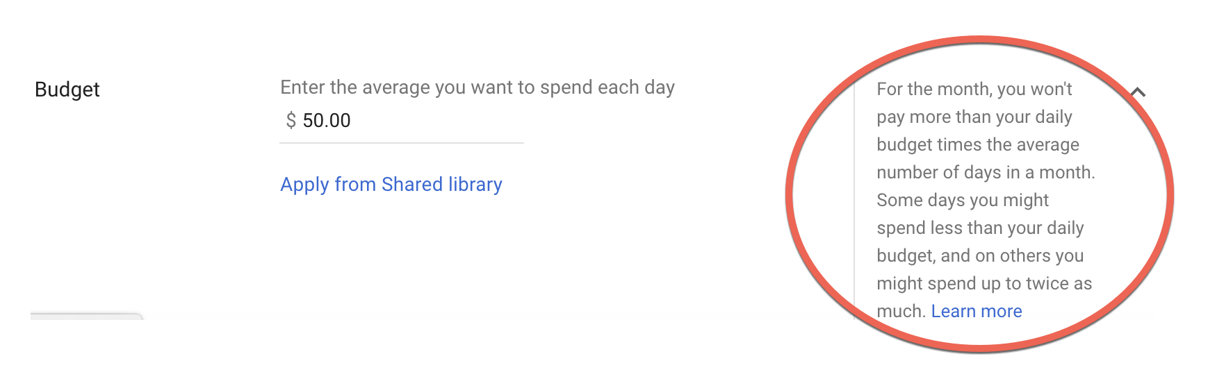 Warning message when you set your daily budget in PPC