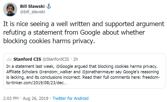 Screenshot of a tweet by Bill Slawski on the issue of Google and Privacy