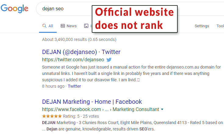 Screenshot of Google's search results showing that Dejan SEO does not rank for its own brand name