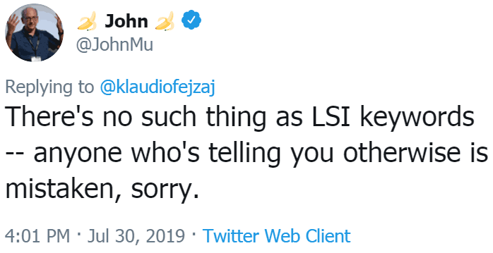 Screenshot of John Mueller explaining that there is no such thing as an LSI keyword