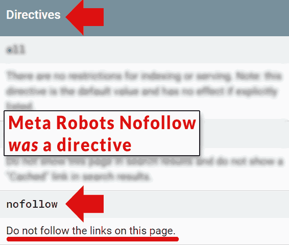 Screenshot of Google's developer page that calls the meta robots nofollow a directive